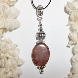 Brown Jasper Silver Pendant Necklace Set NWT Costume Jewelry Charm Woman 4780